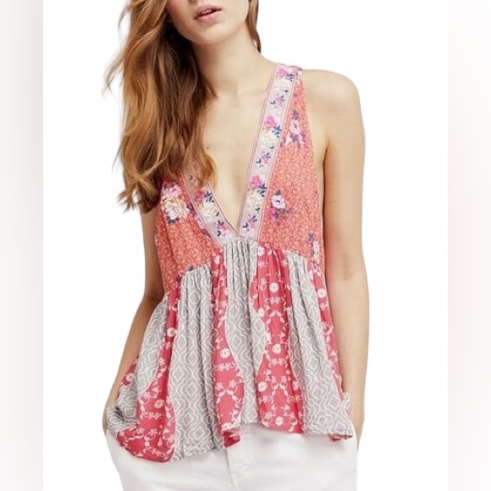 Free People Dream Darlin Sleeveless Tank Top Orange/Gray Floral Sz S EUC